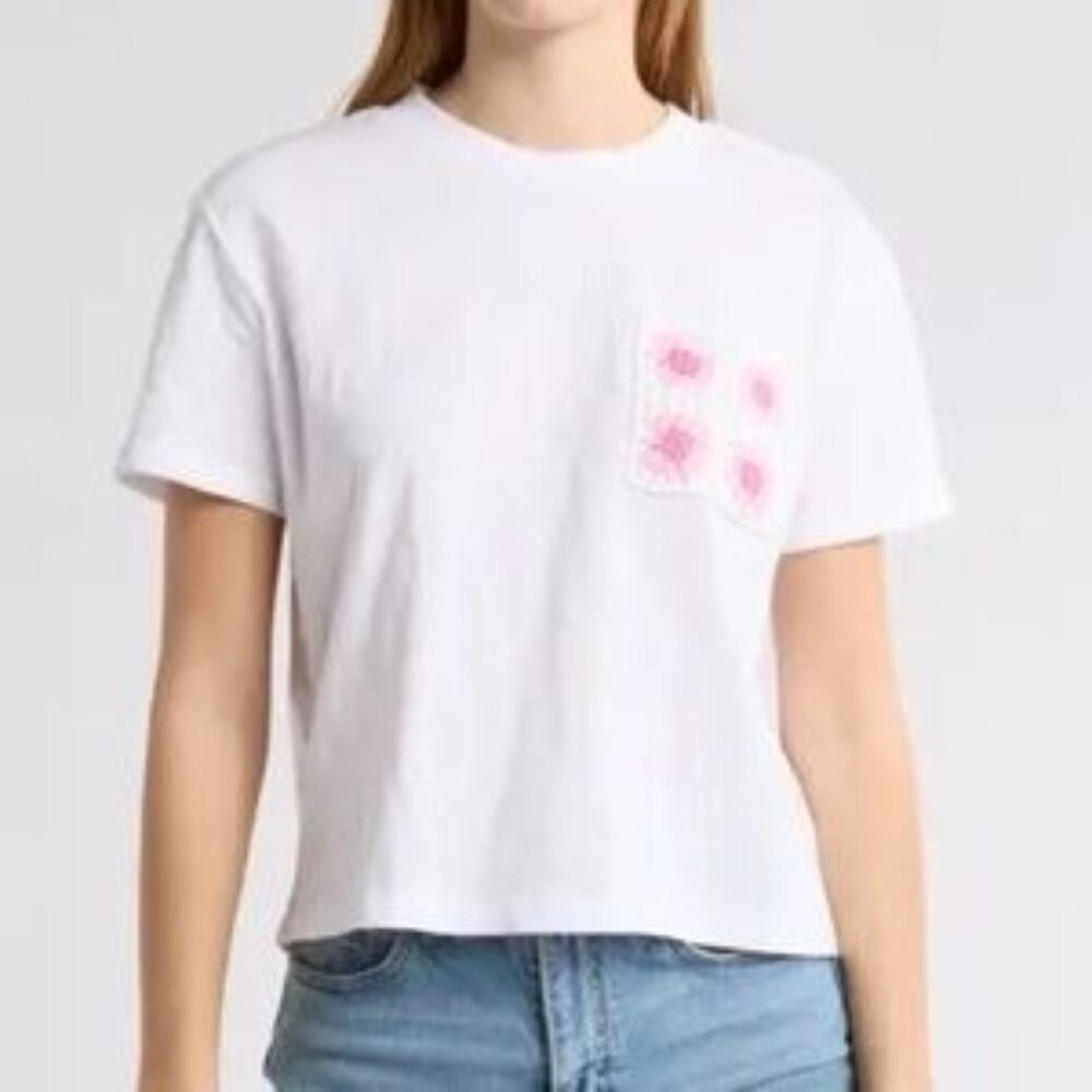 Design 365 White Crochet Pocket Tee Short Sleeve 100% Cotton Womens Size Small